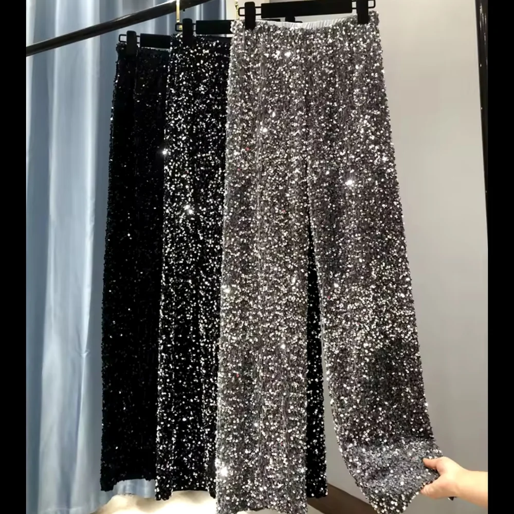 Women's Fashion Trendy Sparkling Gold Pants Relaxation of Tall Waist Wide-legged - Picture 1 of 6
